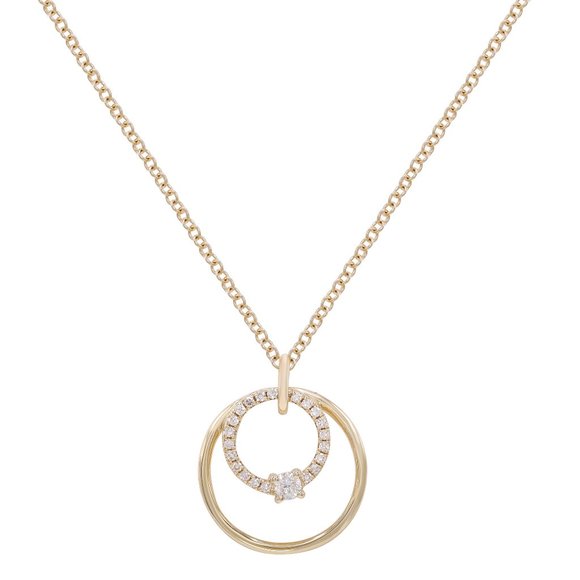 Rachel Koen Diamond Double Ring Pendant Necklace 14K Yellow Gold 0.11Cttw